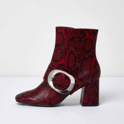 Red snakeskin buckle ankle boots